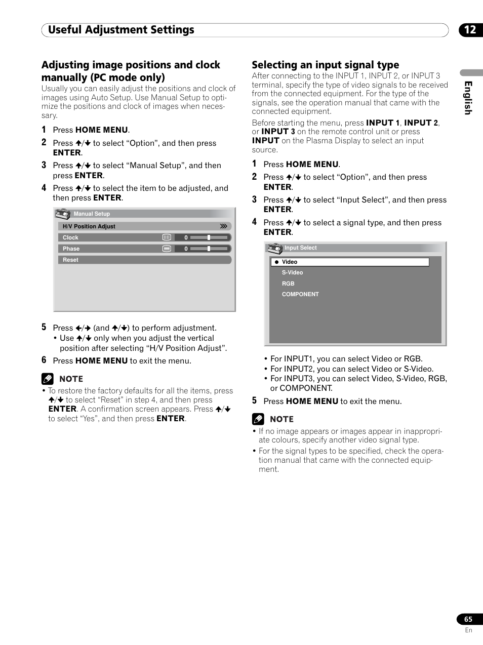 12 useful adjustment settings, Selecting an input signal type | Pioneer PDP 434HDE User Manual | Page 65 / 248