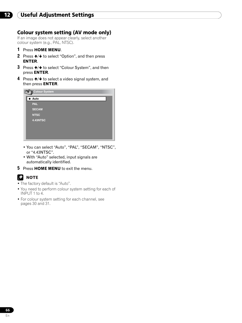 Colour system setting (av mode only), 12 useful adjustment settings | Pioneer PDP 434HDE User Manual | Page 66 / 248