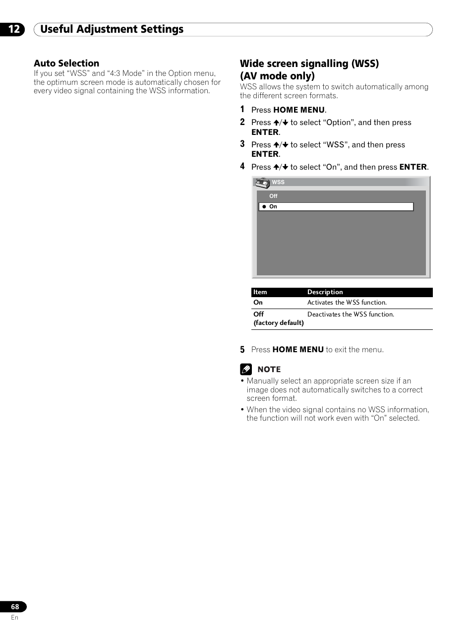 Auto selection, Wide screen signalling (wss) (av mode only), 12 useful adjustment settings | Pioneer PDP 434HDE User Manual | Page 68 / 248