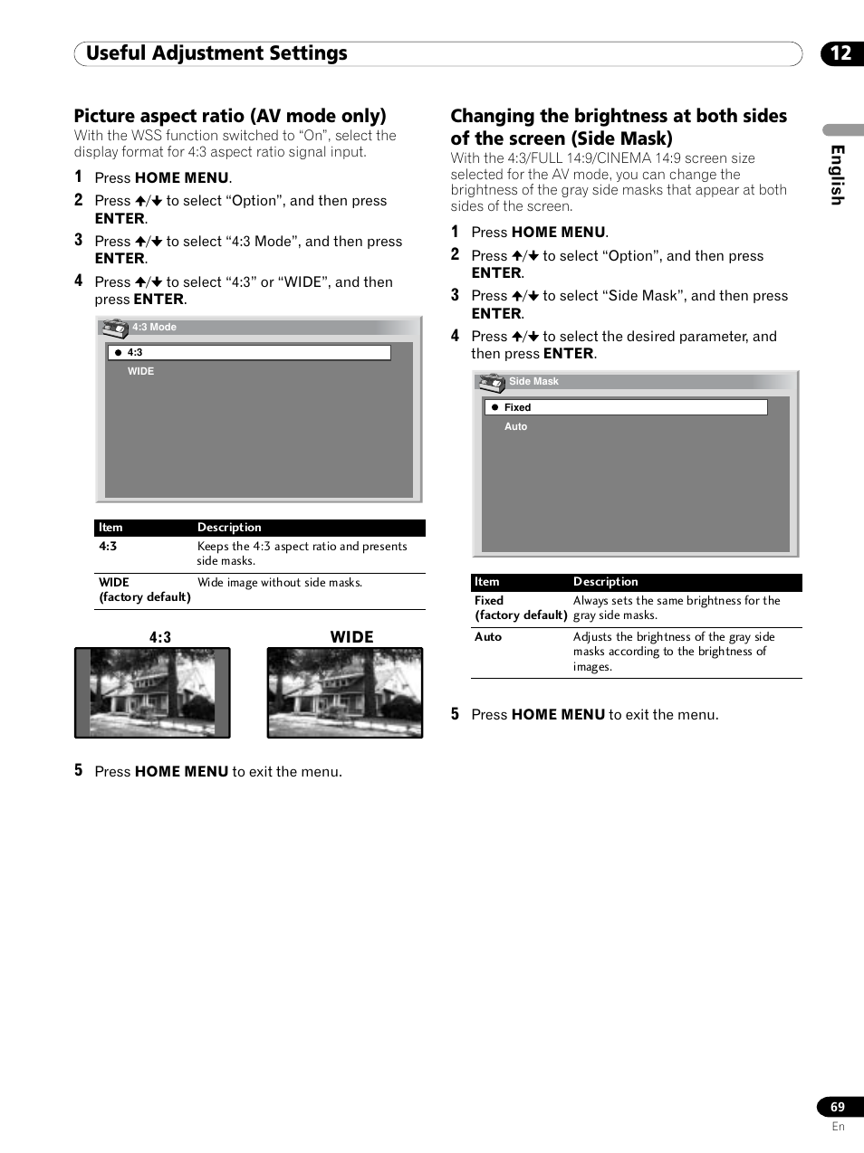 12 useful adjustment settings, Picture aspect ratio (av mode only) | Pioneer PDP 434HDE User Manual | Page 69 / 248