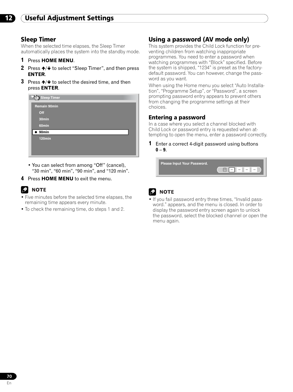 Sleep timer using a password (av mode only), Entering a password, 12 useful adjustment settings | Sleep timer, Using a password (av mode only) | Pioneer PDP 434HDE User Manual | Page 70 / 248