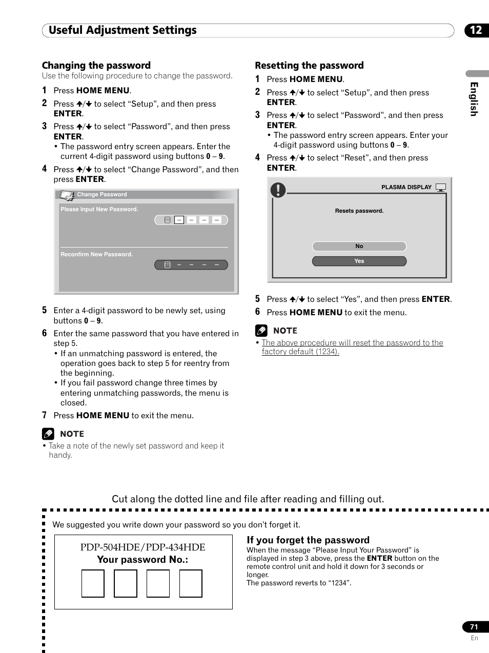 Changing the password resetting the password, 12 useful adjustment settings | Pioneer PDP 434HDE User Manual | Page 71 / 248