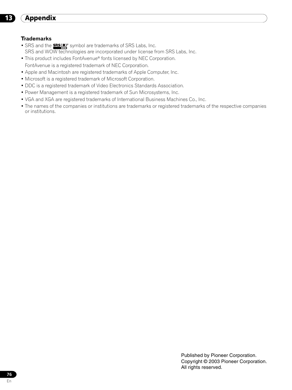 13 appendix | Pioneer PDP 434HDE User Manual | Page 76 / 248