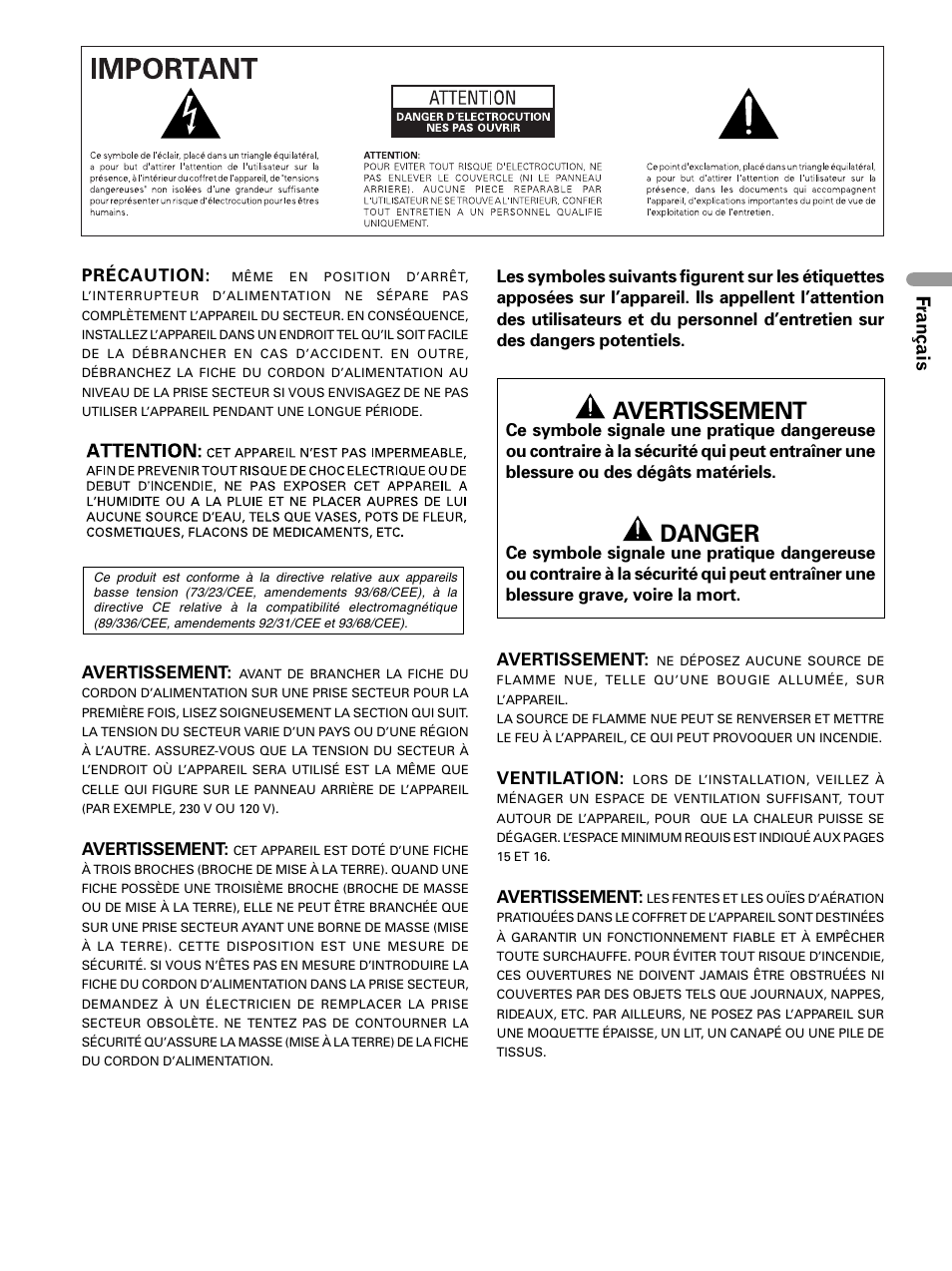 Danger, Français, Précaution | Avertissement, Ventilation | Pioneer PDP 434HDE User Manual | Page 79 / 248