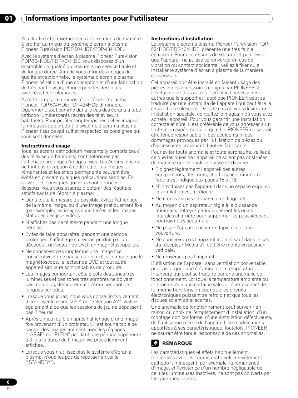 01 informations importantes pour l’utilisateur | Pioneer PDP 434HDE User Manual | Page 82 / 248