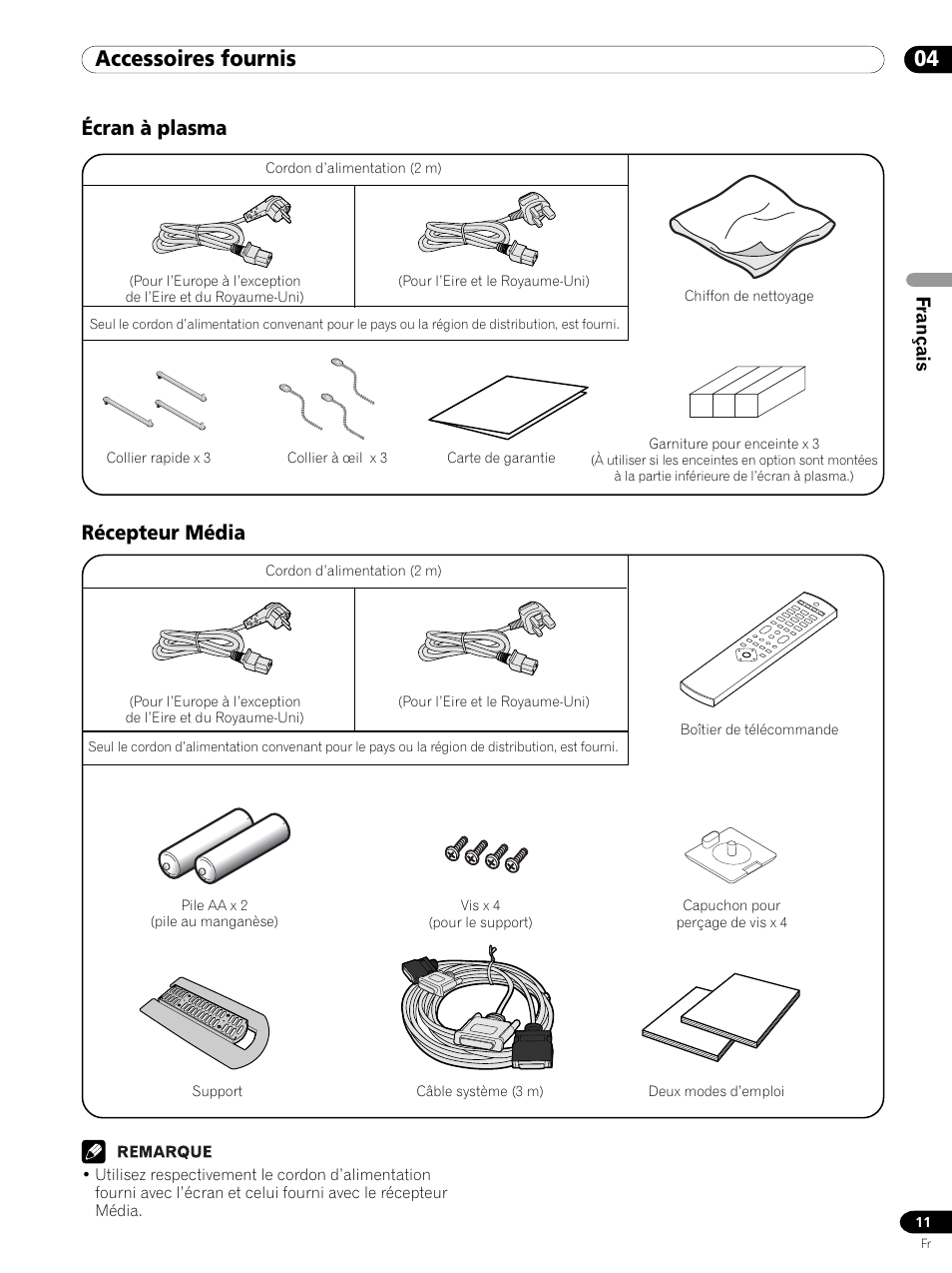 04 accessories fournis, Écran à plasma récepteur média, 04 accessoires fournis | Français | Pioneer PDP 434HDE User Manual | Page 87 / 248