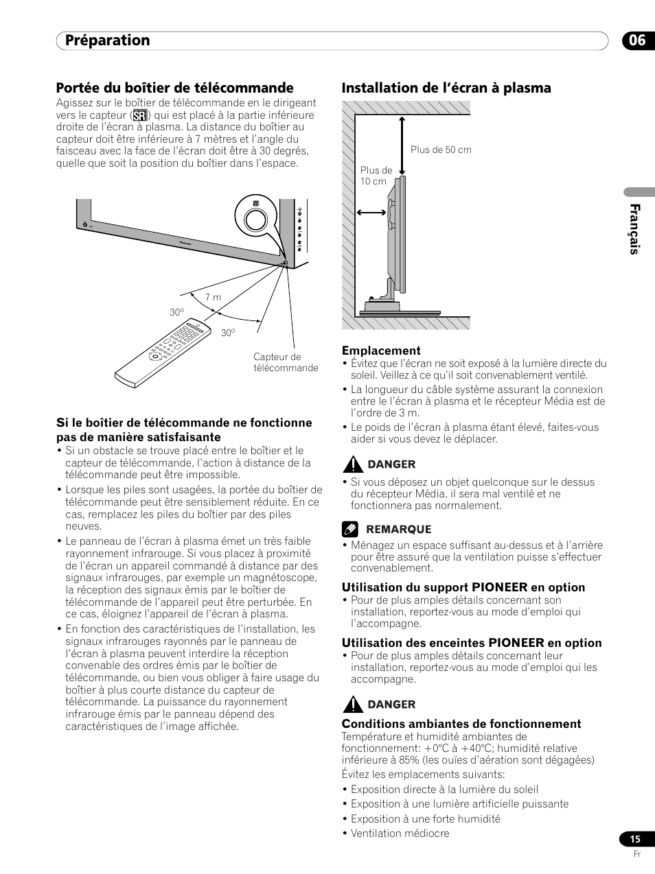 06 préparation, Installation de l’écran à plasma, Portée du boîtier de télécommande | Pioneer PDP 434HDE User Manual | Page 91 / 248