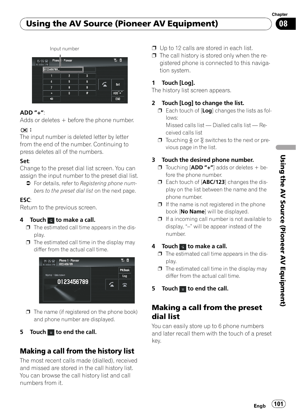 Making a call from the history list 101, Making a call from the preset dial, List | Using the av source (pioneer av equipment), Making a call from the history list, Making a call from the preset dial list | Pioneer AVIC-X3-II User Manual | Page 101 / 172