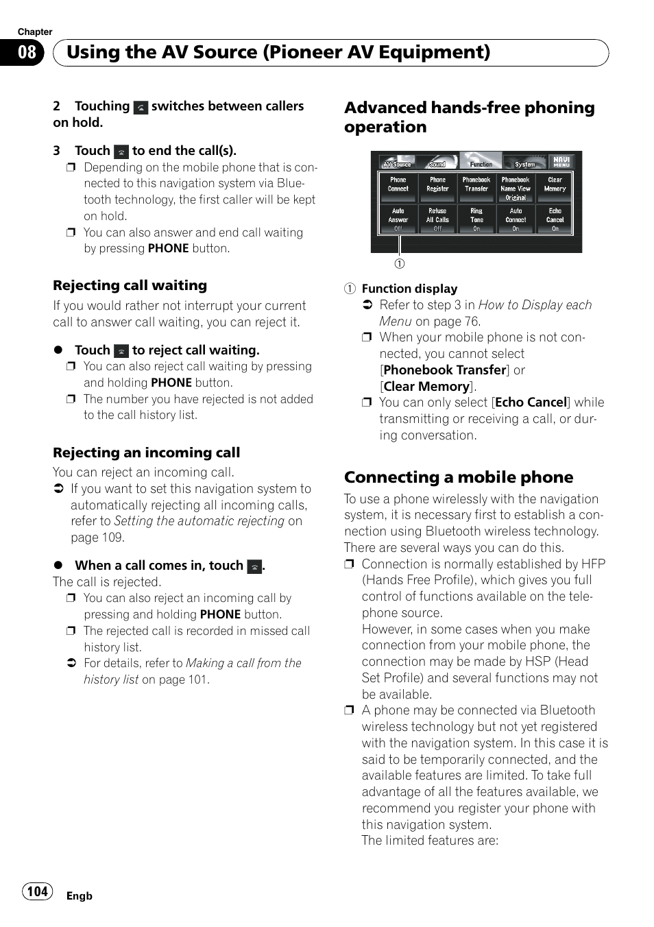 Advanced hands-free phoning, Operation, Connecting a mobile phone 104 | Connecting a mobile, Using the av source (pioneer av equipment), Advanced hands-free phoning operation, Connecting a mobile phone | Pioneer AVIC-X3-II User Manual | Page 104 / 172