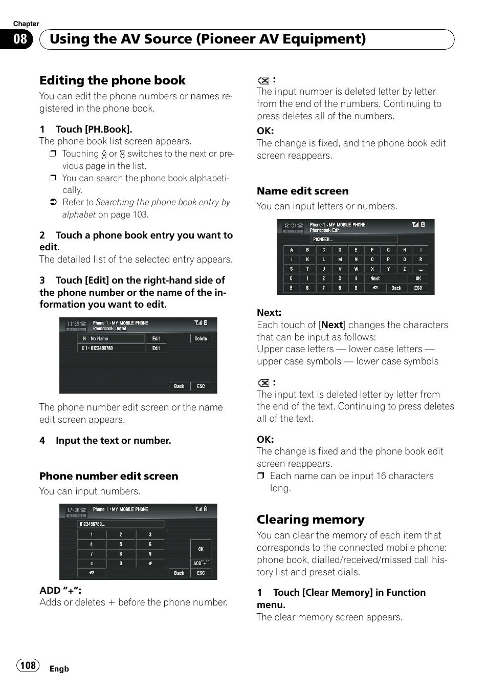 Editing the phone book 108, Clearing memory 108, Using the av source (pioneer av equipment) | Editing the phone book | Pioneer AVIC-X3-II User Manual | Page 108 / 172