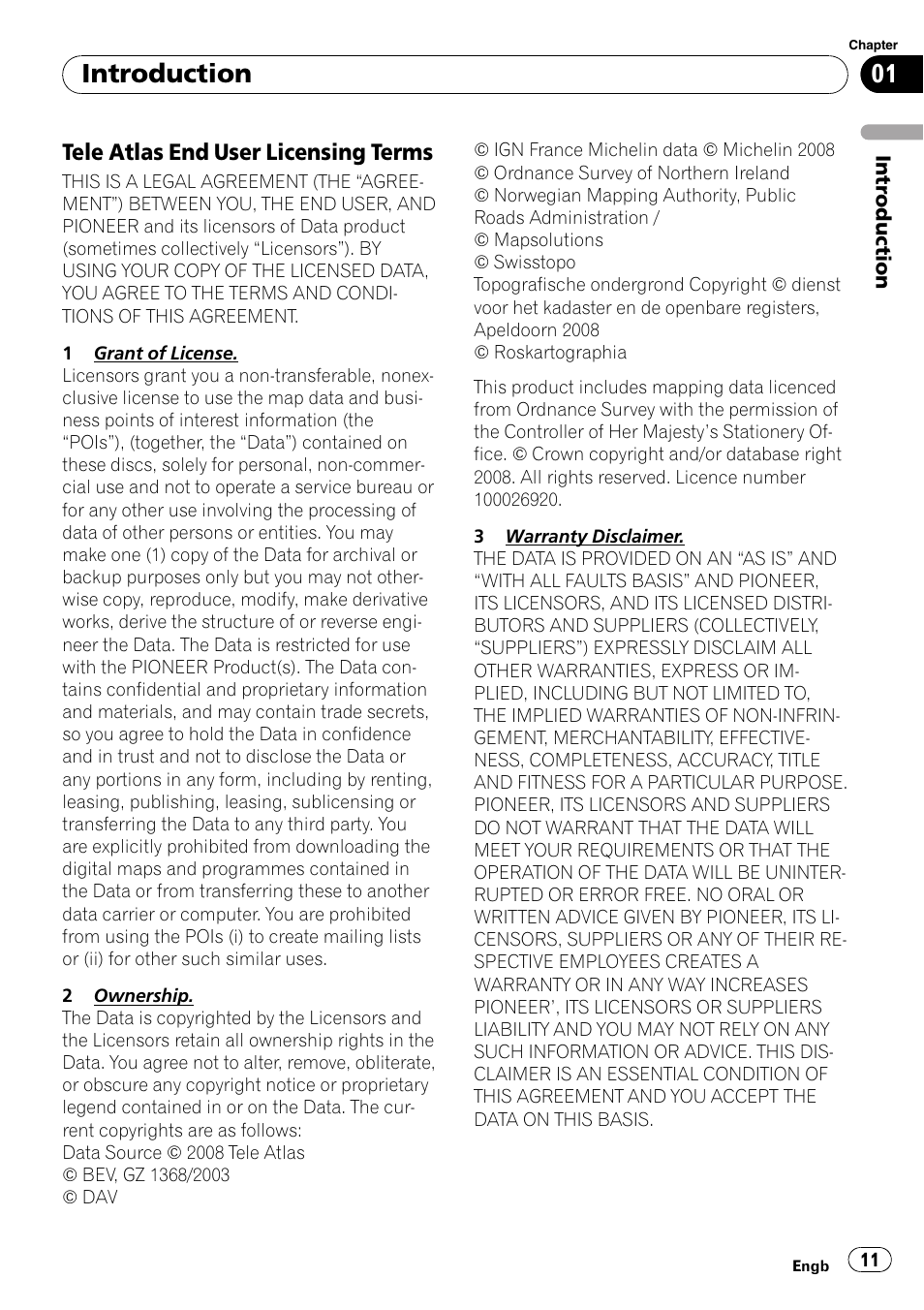 Tele atlas end user licensing, Terms, Introduction | Tele atlas end user licensing terms | Pioneer AVIC-X3-II User Manual | Page 11 / 172