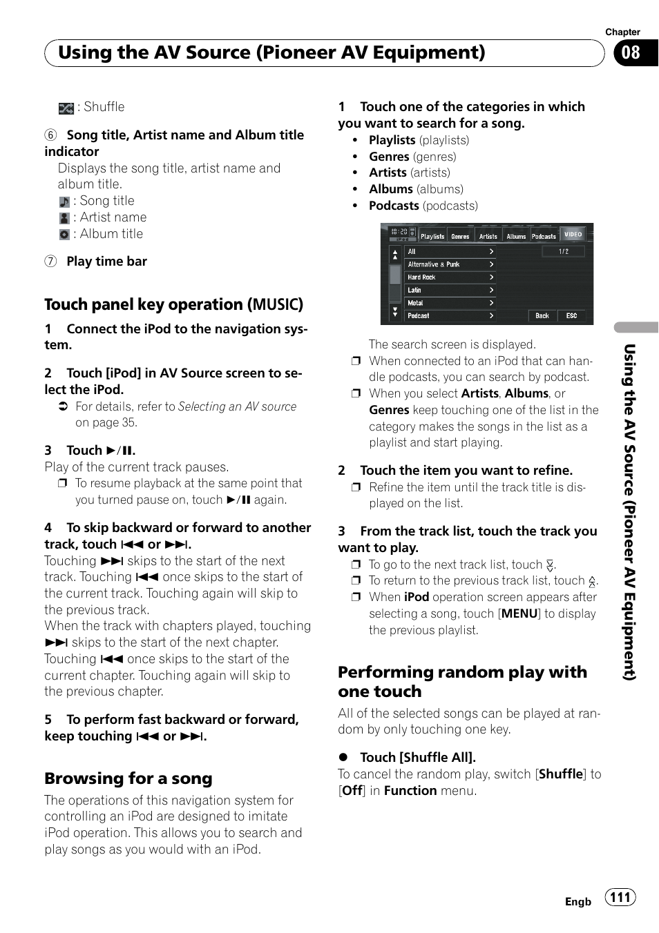 Touch panel key operation, Music), Browsing for a song 111 | Performing random play with one, Touch, Using the av source (pioneer av equipment), Touch panel key operation (music), Browsing for a song, Performing random play with one touch | Pioneer AVIC-X3-II User Manual | Page 111 / 172