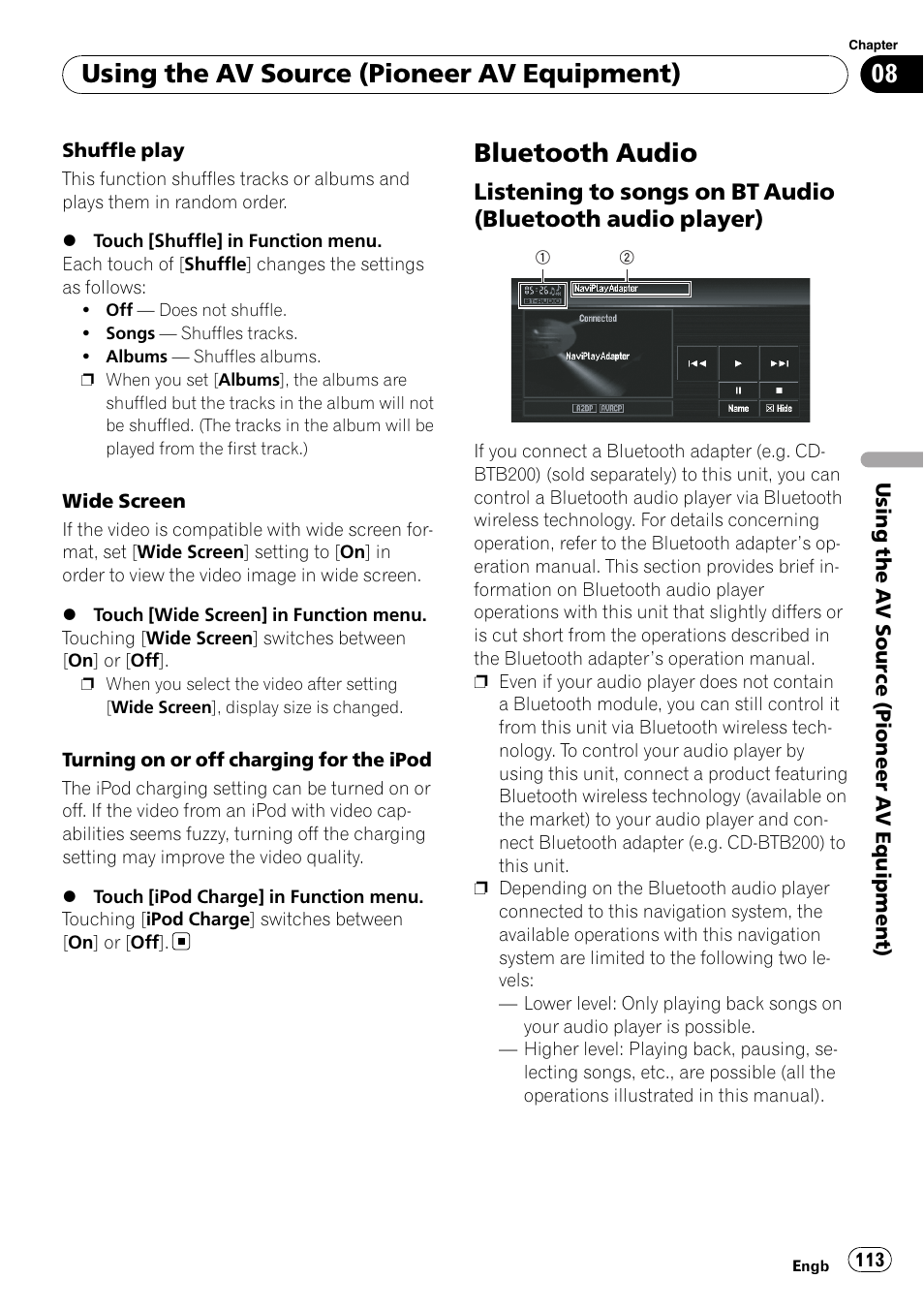 Bluetooth audio, Listening to songs on bt audio, Bluetooth audio player) | Using the av source (pioneer av equipment) | Pioneer AVIC-X3-II User Manual | Page 113 / 172