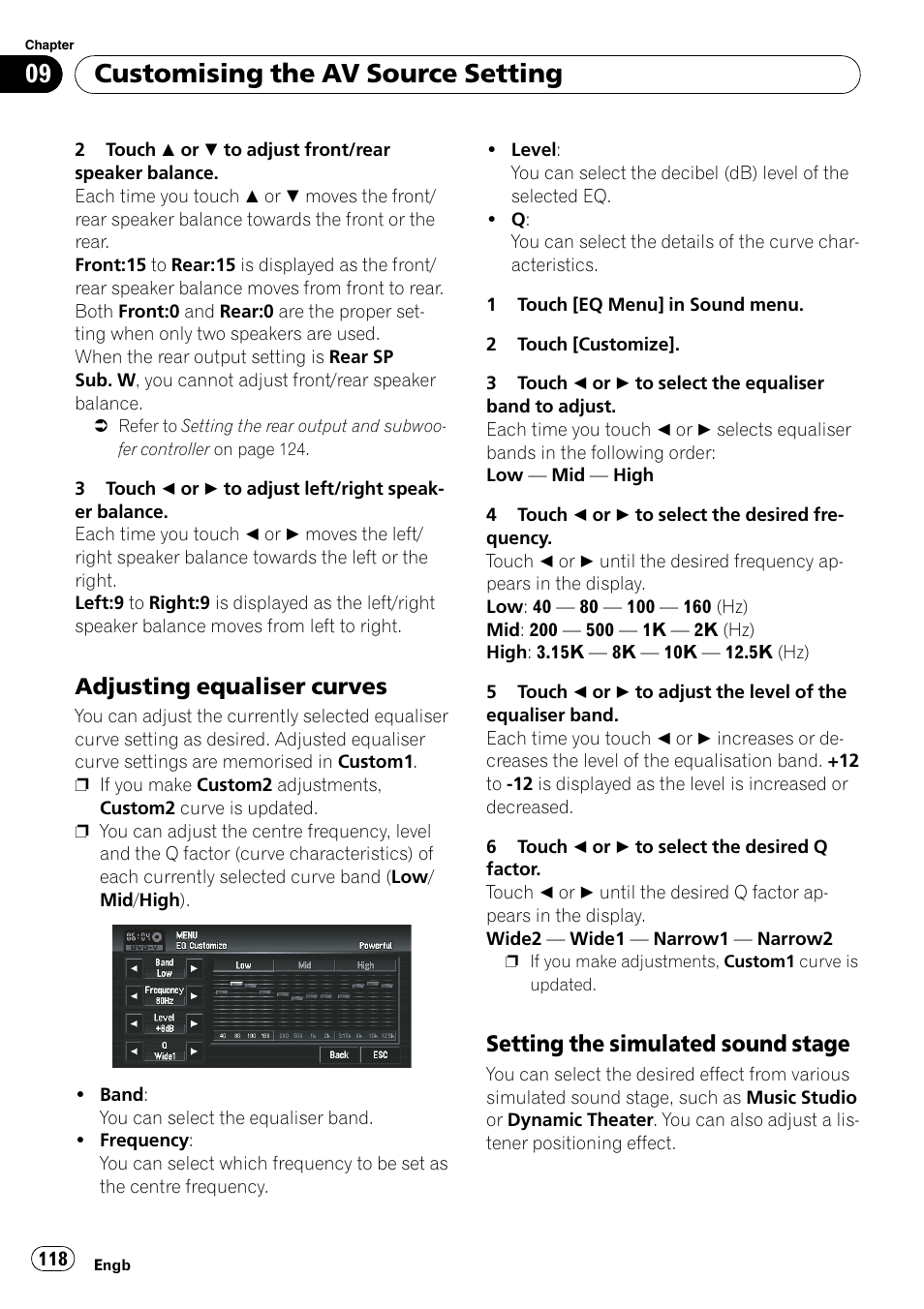 Adjusting equaliser curves 118, Setting the simulated sound, Stage | Customising the av source setting, Adjusting equaliser curves, Setting the simulated sound stage | Pioneer AVIC-X3-II User Manual | Page 118 / 172
