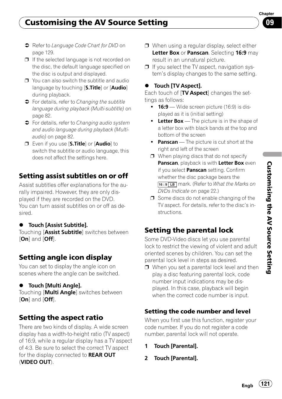 Setting assist subtitles on or off 121, Setting angle icon display 121, Setting the aspect ratio 121 | Setting the parental lock 121, Setting angle icon dis, Customising the av source setting, Setting assist subtitles on or off, Setting angle icon display, Setting the aspect ratio, Setting the parental lock | Pioneer AVIC-X3-II User Manual | Page 121 / 172