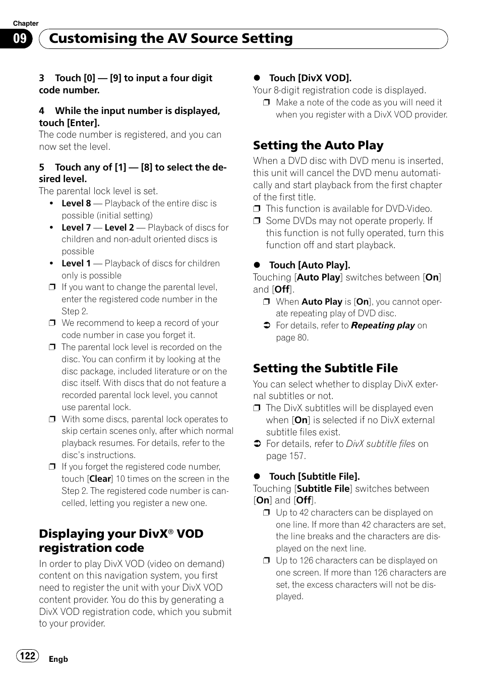 Displaying your divx® vod, Registration code, Setting the auto play 122 | Setting the subtitle file 122, Displaying your divx, Vod registration, Customising the av source setting, Vod registration code, Setting the auto play, Setting the subtitle file | Pioneer AVIC-X3-II User Manual | Page 122 / 172