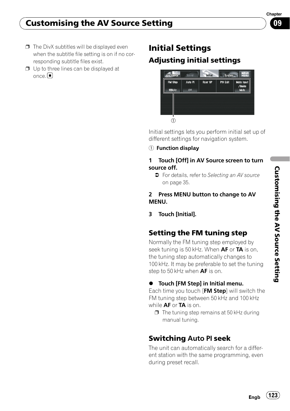 Initial settings, Adjusting initial settings 123, Setting the fm tuning step 123 | Switching auto pi seek 123, Customising the av source setting | Pioneer AVIC-X3-II User Manual | Page 123 / 172