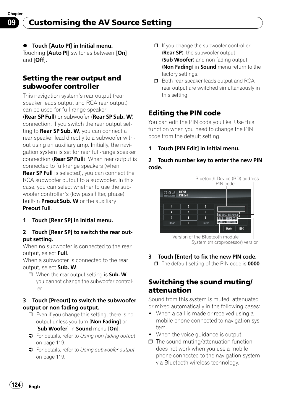 Setting the rear output and subwoofer, Controller, Editing the pin code 124 | Switching the sound muting, Attenuation, Switching the sound muting/at, Editing the pin code on, Setting the rear output and sub, Setting the rear output and subwoo, Customising the av source setting | Pioneer AVIC-X3-II User Manual | Page 124 / 172