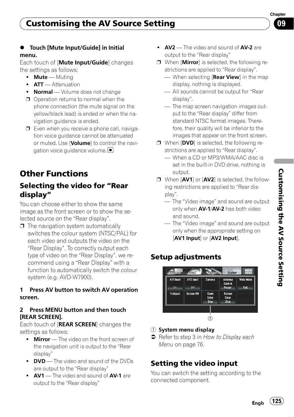 Other functions, Selecting the video for “rear, Display | Setup adjustments 125, Setting the video input 125, Other functions on, Setting the video input, Customising the av source setting, Selecting the video for “rear display, Setup adjustments | Pioneer AVIC-X3-II User Manual | Page 125 / 172