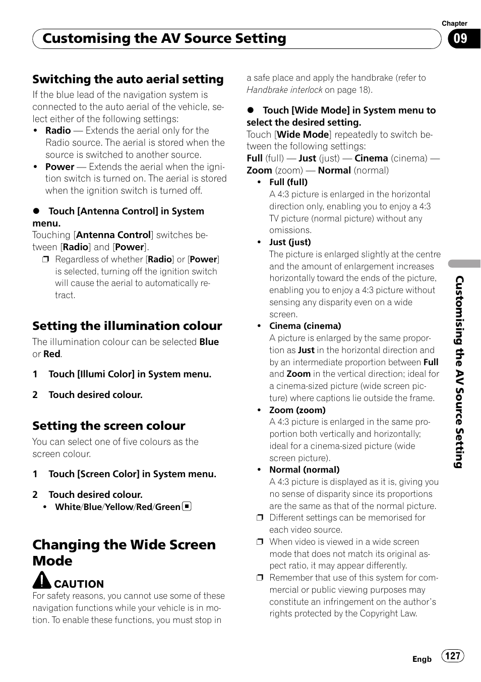 Switching the auto aerial setting 127, Setting the illumination colour 127, Setting the screen colour 127 | Changing the wide screen mode, Customising the av source setting, Switching the auto aerial setting, Setting the illumination colour, Setting the screen colour | Pioneer AVIC-X3-II User Manual | Page 127 / 172