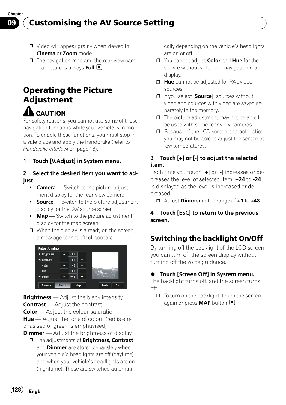 Operating the picture adjustment, Switching the backlight on/off 128, Customising the av source setting | Switching the backlight on/off | Pioneer AVIC-X3-II User Manual | Page 128 / 172