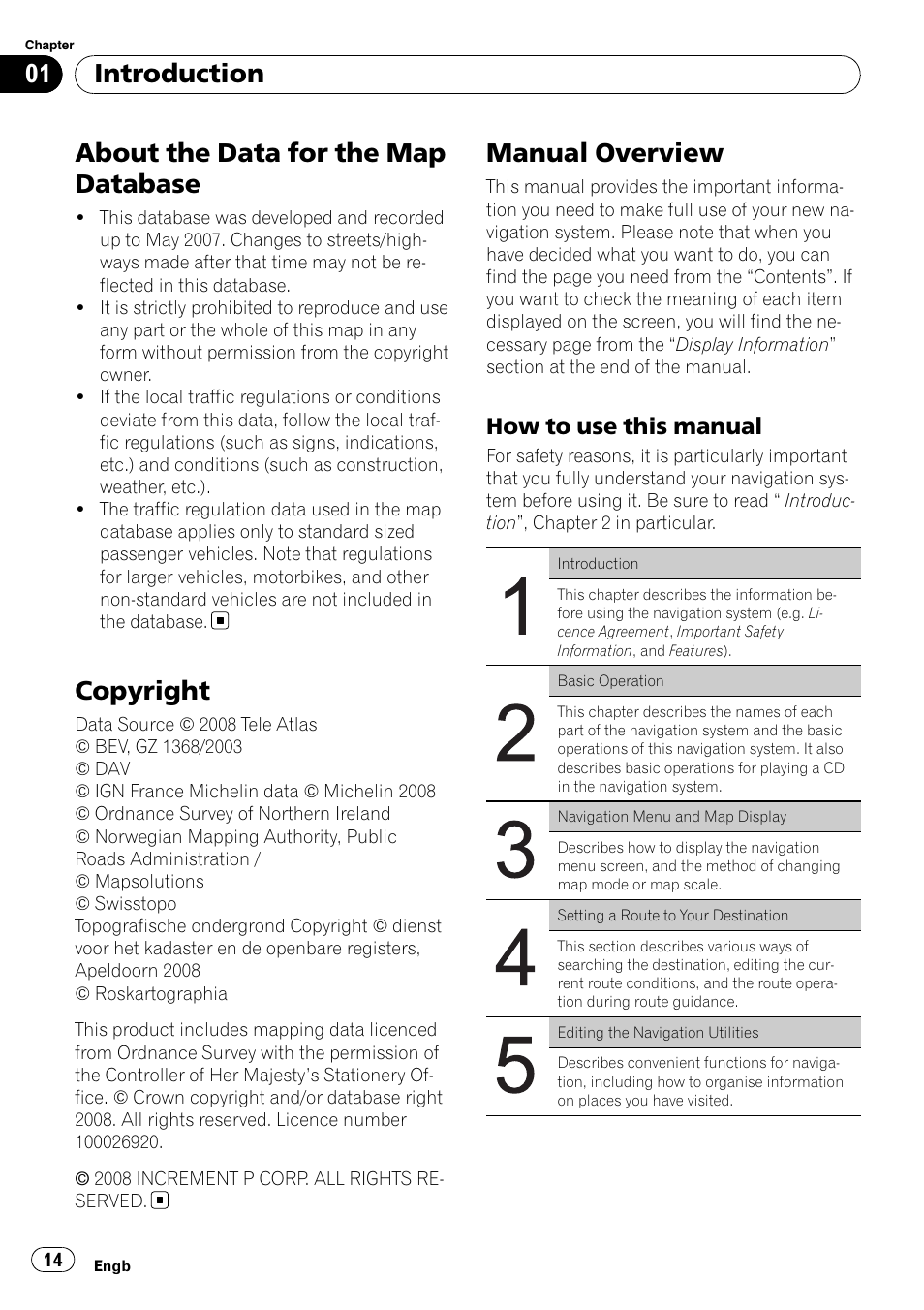 About the data for the map database, Copyright, Manual overview | How to use this manual 14, Introduction, How to use this manual | Pioneer AVIC-X3-II User Manual | Page 14 / 172