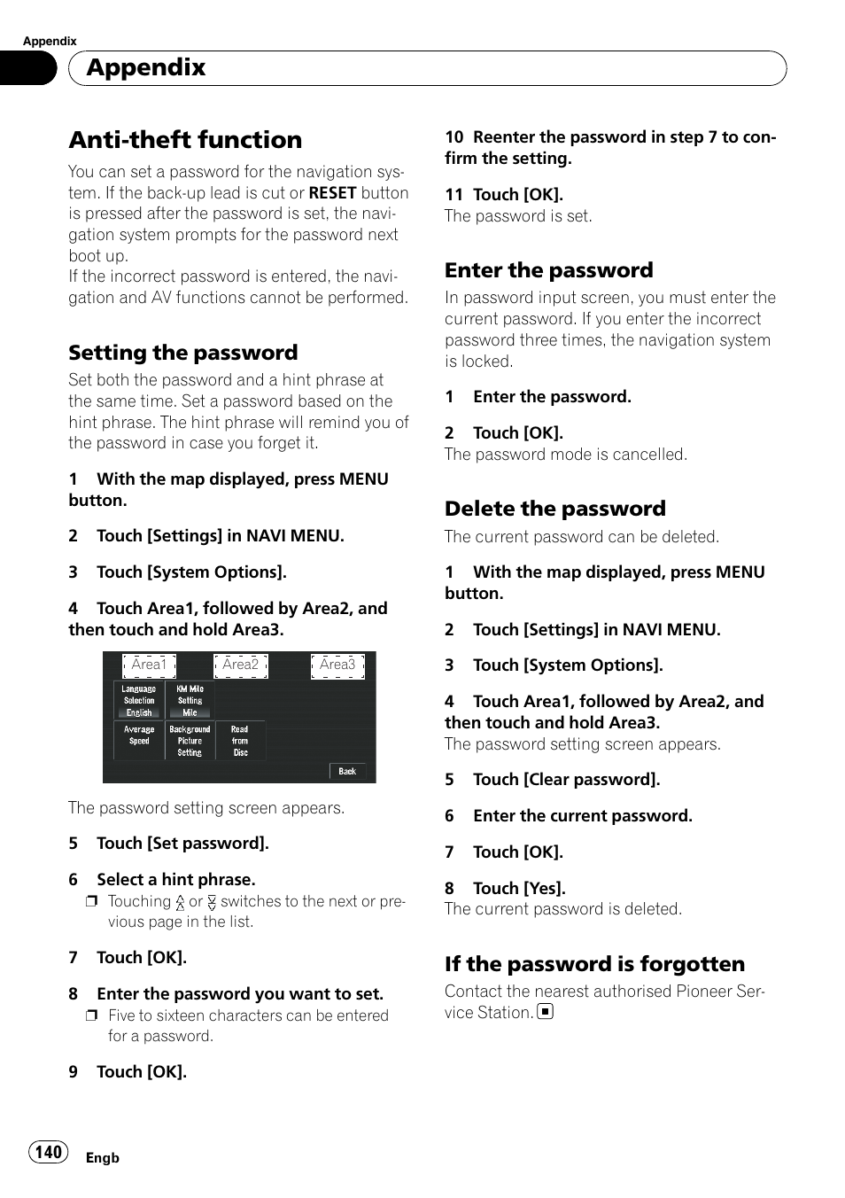Anti-theft function, Setting the password 140, Enter the password 140 | Delete the password 140, If the password is forgotten 140, Appendix, Setting the password, Enter the password, Delete the password, If the password is forgotten | Pioneer AVIC-X3-II User Manual | Page 140 / 172