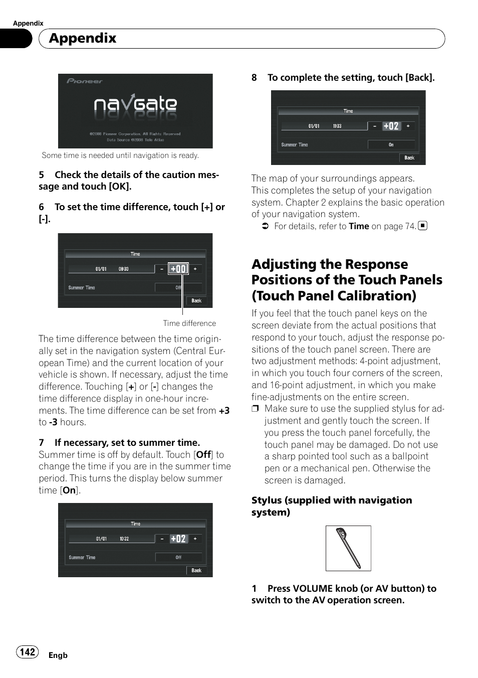 Adjusting the response positions of the, Touch panels (touch panel calibration), Appendix | Pioneer AVIC-X3-II User Manual | Page 142 / 172