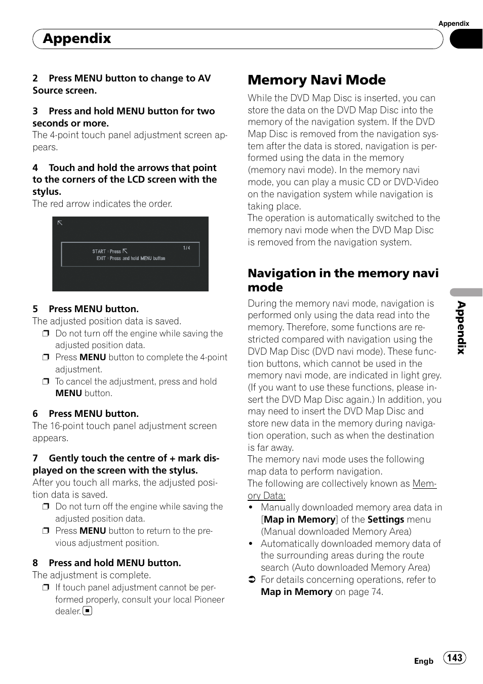 Memory navi mode, Navigation in the memory navi, Mode | Appendix | Pioneer AVIC-X3-II User Manual | Page 143 / 172