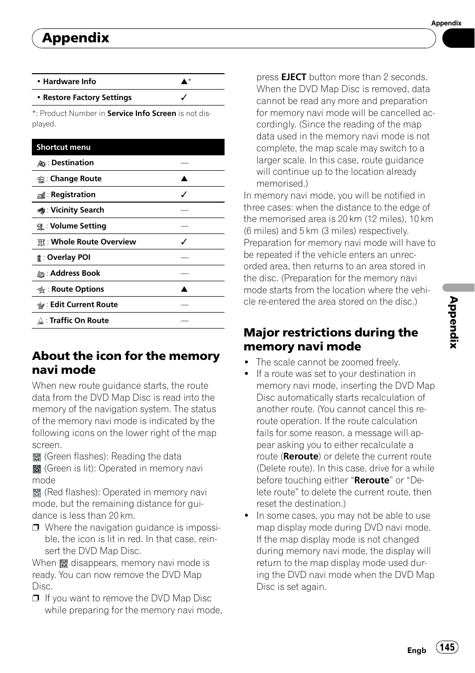 About the icon for the memory navi, Mode, Major restrictions during the memory | Navi mode, About the icon for the memory, Appendix | Pioneer AVIC-X3-II User Manual | Page 145 / 172