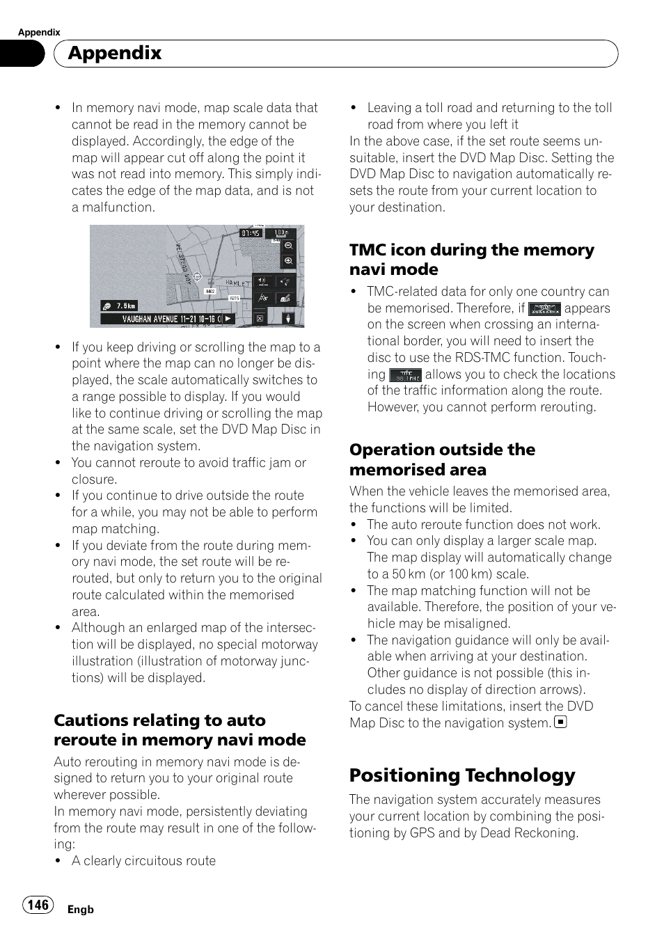 Cautions relating to auto reroute in, Memory navi mode, Tmc icon during the memory navi | Mode, Operation outside the memorised, Area, Positioning technology, Appendix | Pioneer AVIC-X3-II User Manual | Page 146 / 172