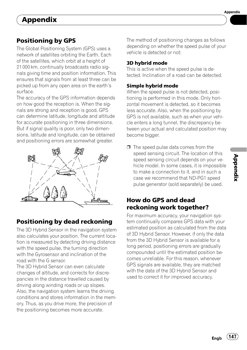 Positioning by gps 147, Positioning by dead reckoning 147, How do gps and dead reckoning work | Together, Appendix | Pioneer AVIC-X3-II User Manual | Page 147 / 172