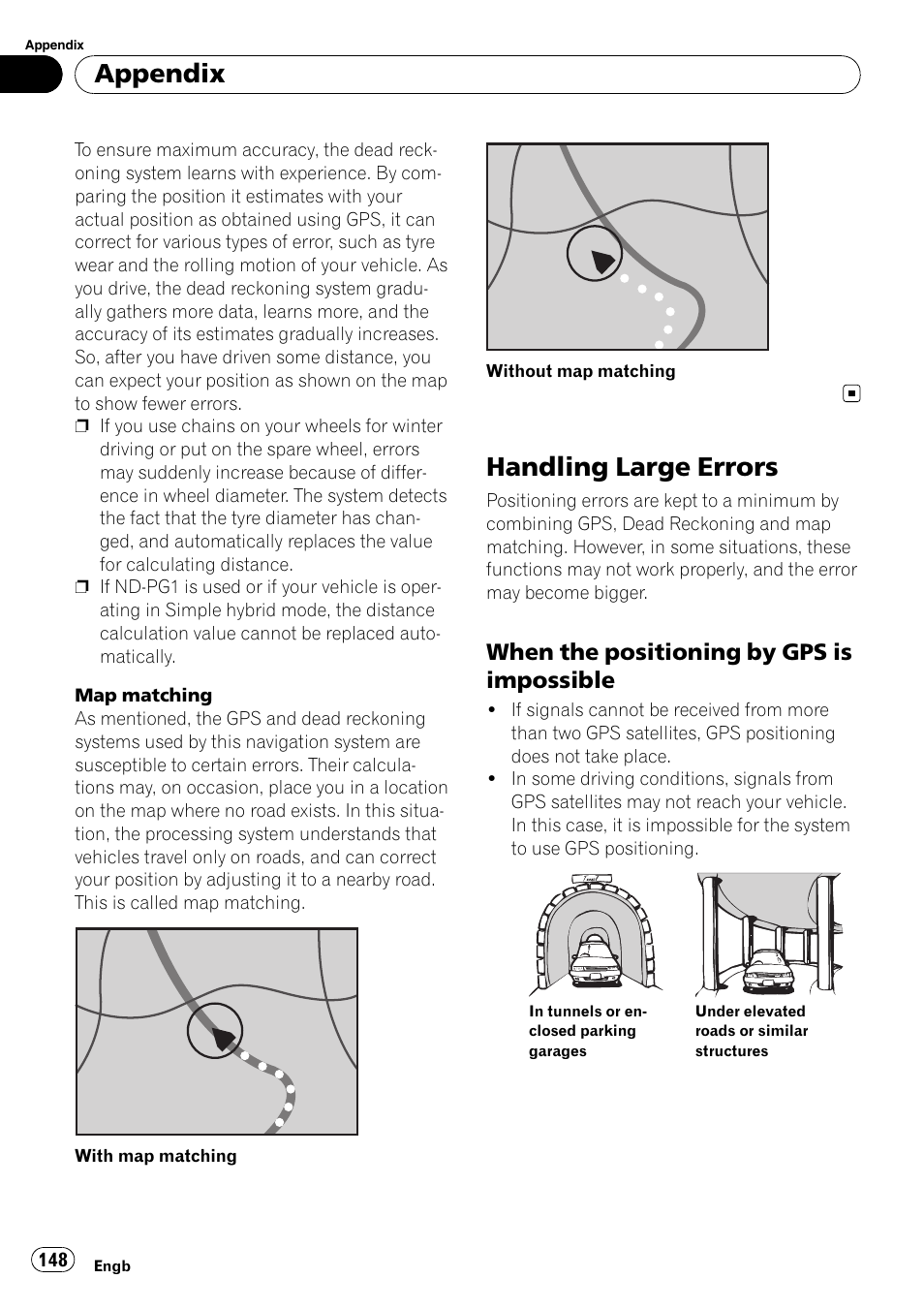Handling large errors, When the positioning by gps is, Impossible | Appendix, When the positioning by gps is impossible | Pioneer AVIC-X3-II User Manual | Page 148 / 172