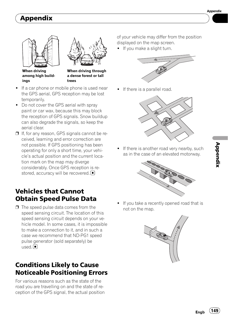 Vehicles that cannot obtain speed pulse, Data, Conditions likely to cause noticeable | Positioning errors, Vehicles that cannot obtain speed pulse data, Appendix | Pioneer AVIC-X3-II User Manual | Page 149 / 172