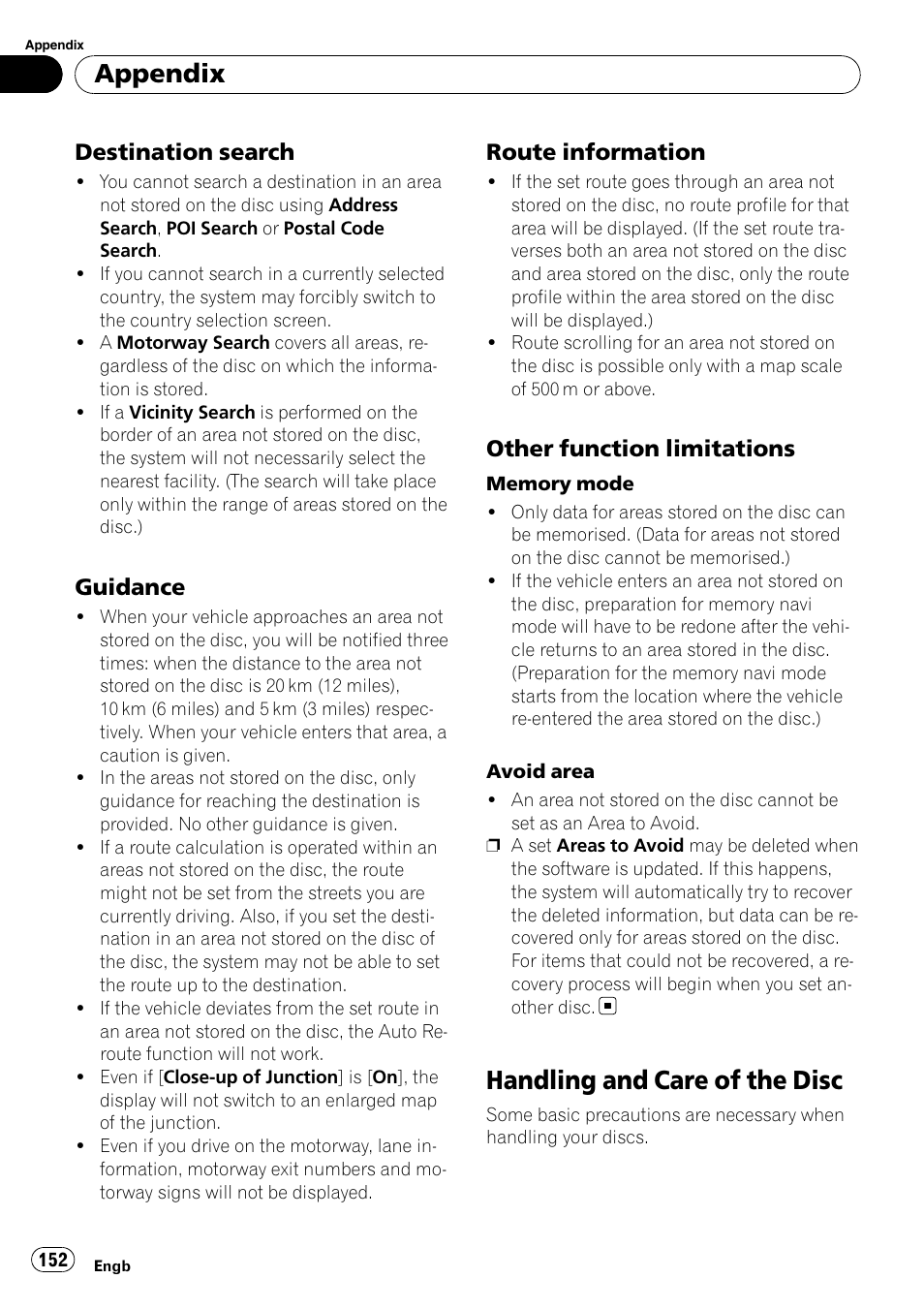 Destination search 152, Guidance 152, Route information 152 | Other function limitations 152, Handling and care of the disc, Appendix, Destination search, Guidance, Route information, Other function limitations | Pioneer AVIC-X3-II User Manual | Page 152 / 172