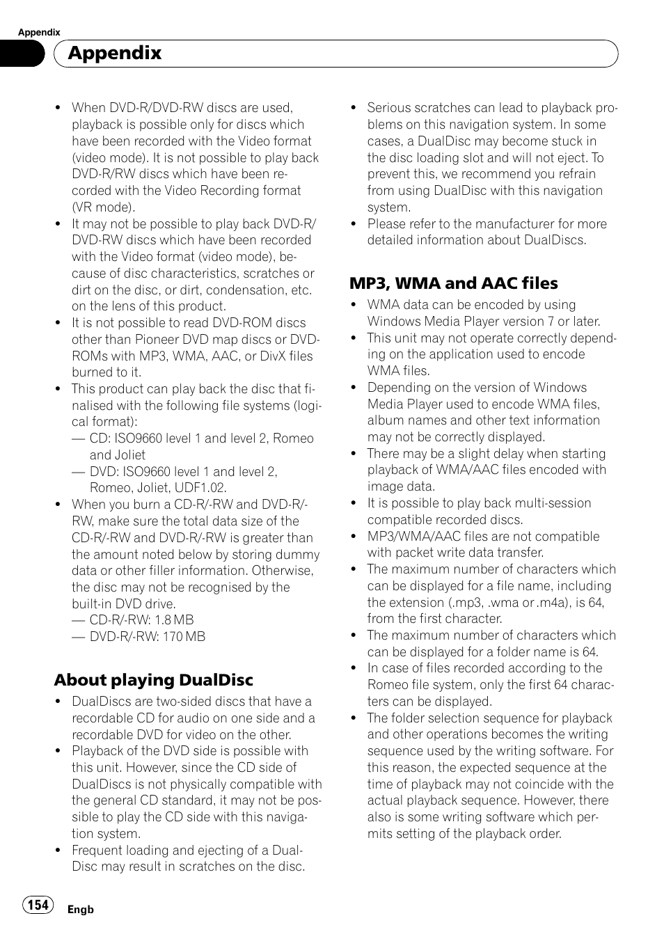 About playing dualdisc 154, Mp3, wma and aac files 154, Appendix | About playing dualdisc, Mp3, wma and aac files | Pioneer AVIC-X3-II User Manual | Page 154 / 172