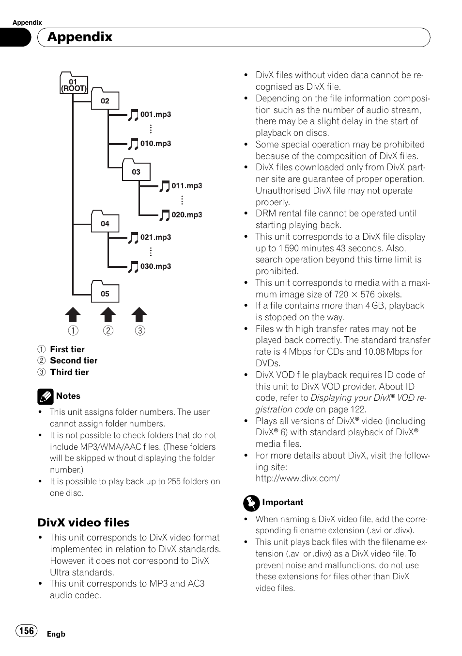 Divx video files 156, Appendix, Divx video files | Pioneer AVIC-X3-II User Manual | Page 156 / 172
