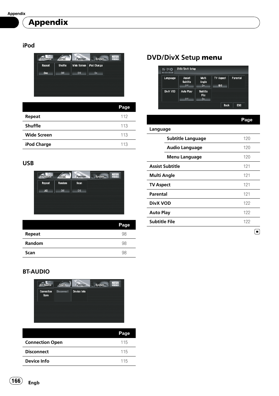 Dvd/divx setup menu 166, Appendix, Dvd/divx setup menu | Ipod, Bt-audio | Pioneer AVIC-X3-II User Manual | Page 166 / 172