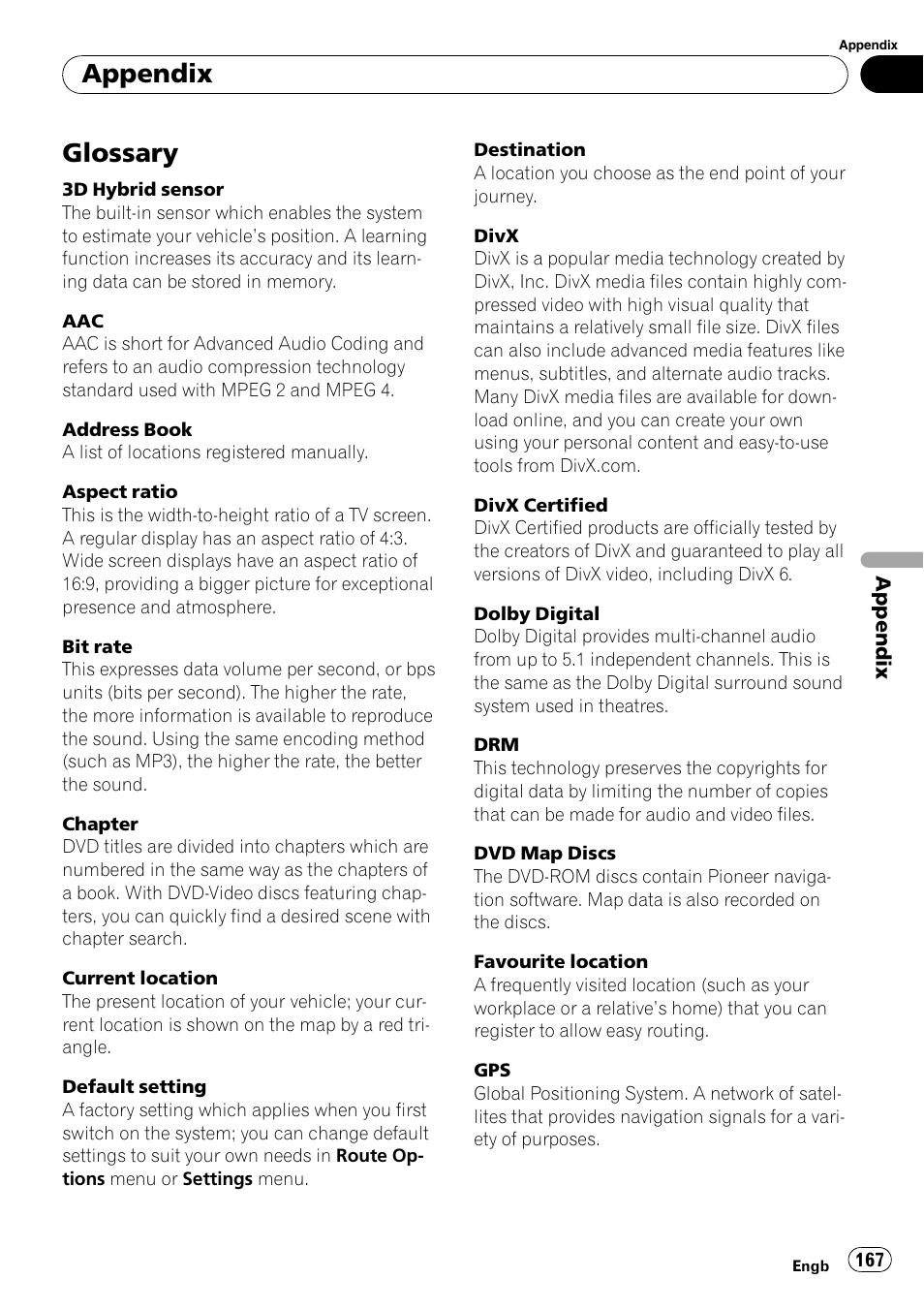 Glossary, Appendix | Pioneer AVIC-X3-II User Manual | Page 167 / 172