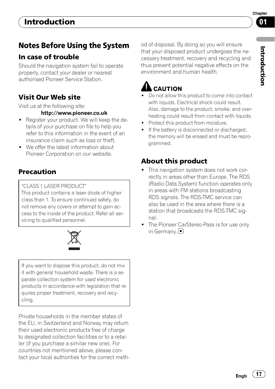 Notes before using the system, In case of trouble 17, Visit our web site 17 | Precaution 17, About this product 17, Introduction | Pioneer AVIC-X3-II User Manual | Page 17 / 172