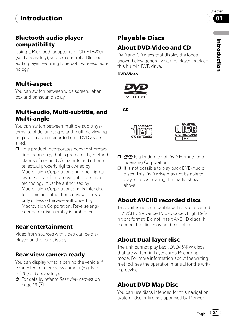 Bluetooth audio player, Compatibility, Multi-aspect 21 | Multi-audio, multi-subtitle, and multi, Angle, Rear entertainment 21, Rear view camera ready 21, Playable discs, About dvd-video and cd 21, About avchd recorded discs 21 | Pioneer AVIC-X3-II User Manual | Page 21 / 172