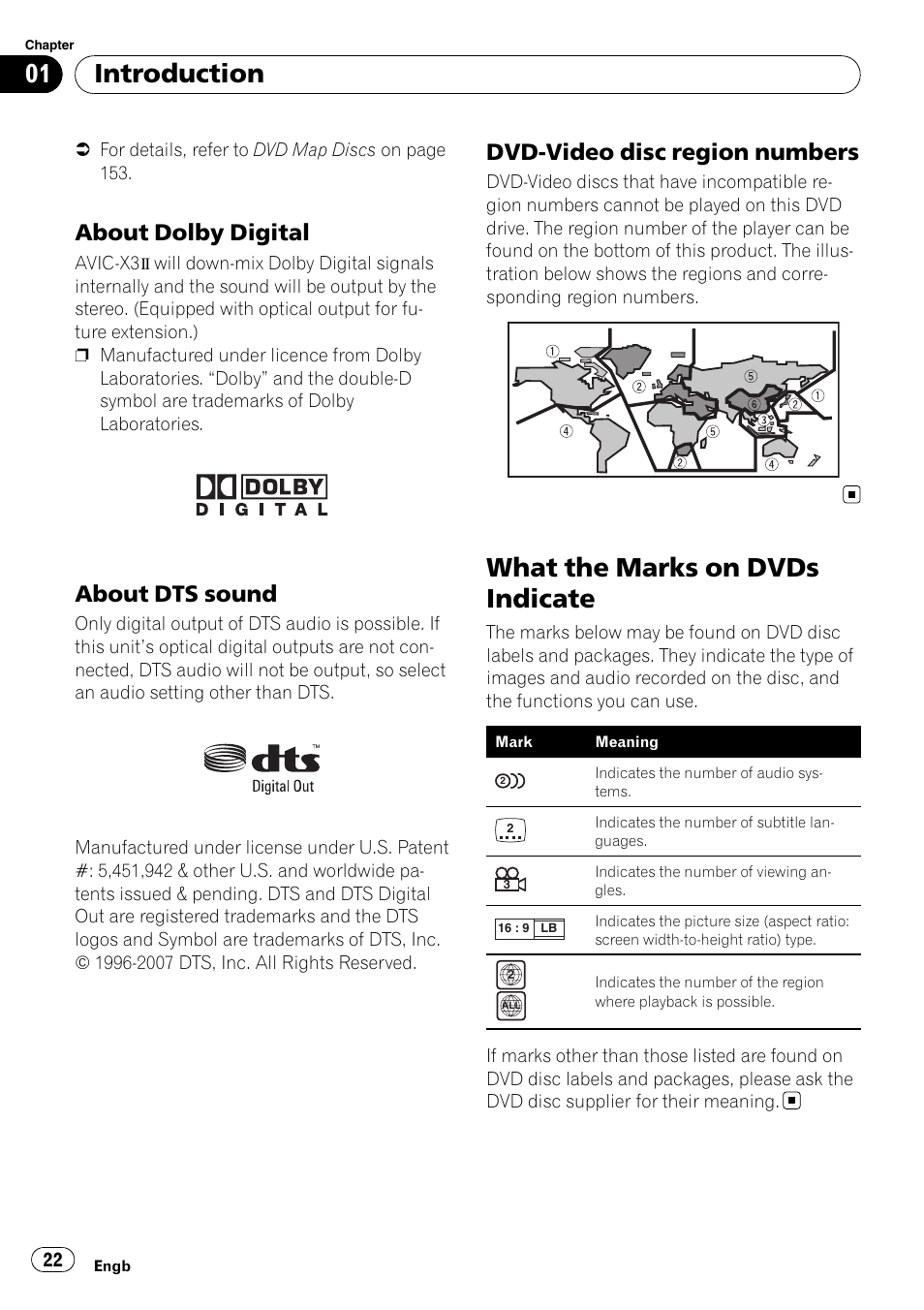 About dolby digital 22, About dts sound 22, Dvd-video disc region numbers 22 | What the marks on dvds indicate, Introduction, About dolby digital, About dts sound, Dvd-video disc region numbers | Pioneer AVIC-X3-II User Manual | Page 22 / 172
