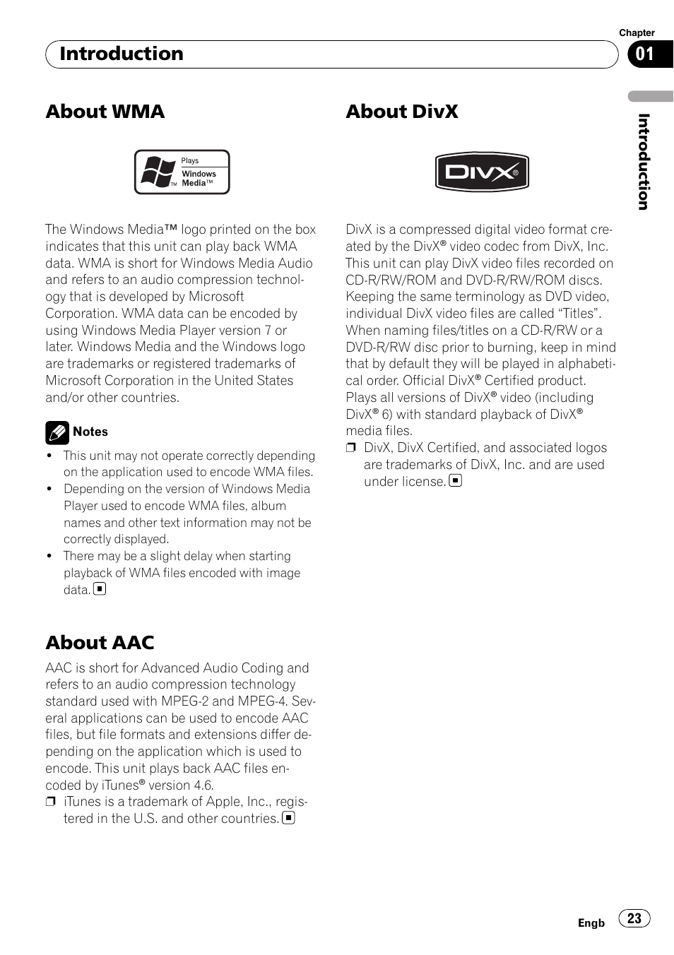 About wma, About aac, About divx | Introduction | Pioneer AVIC-X3-II User Manual | Page 23 / 172