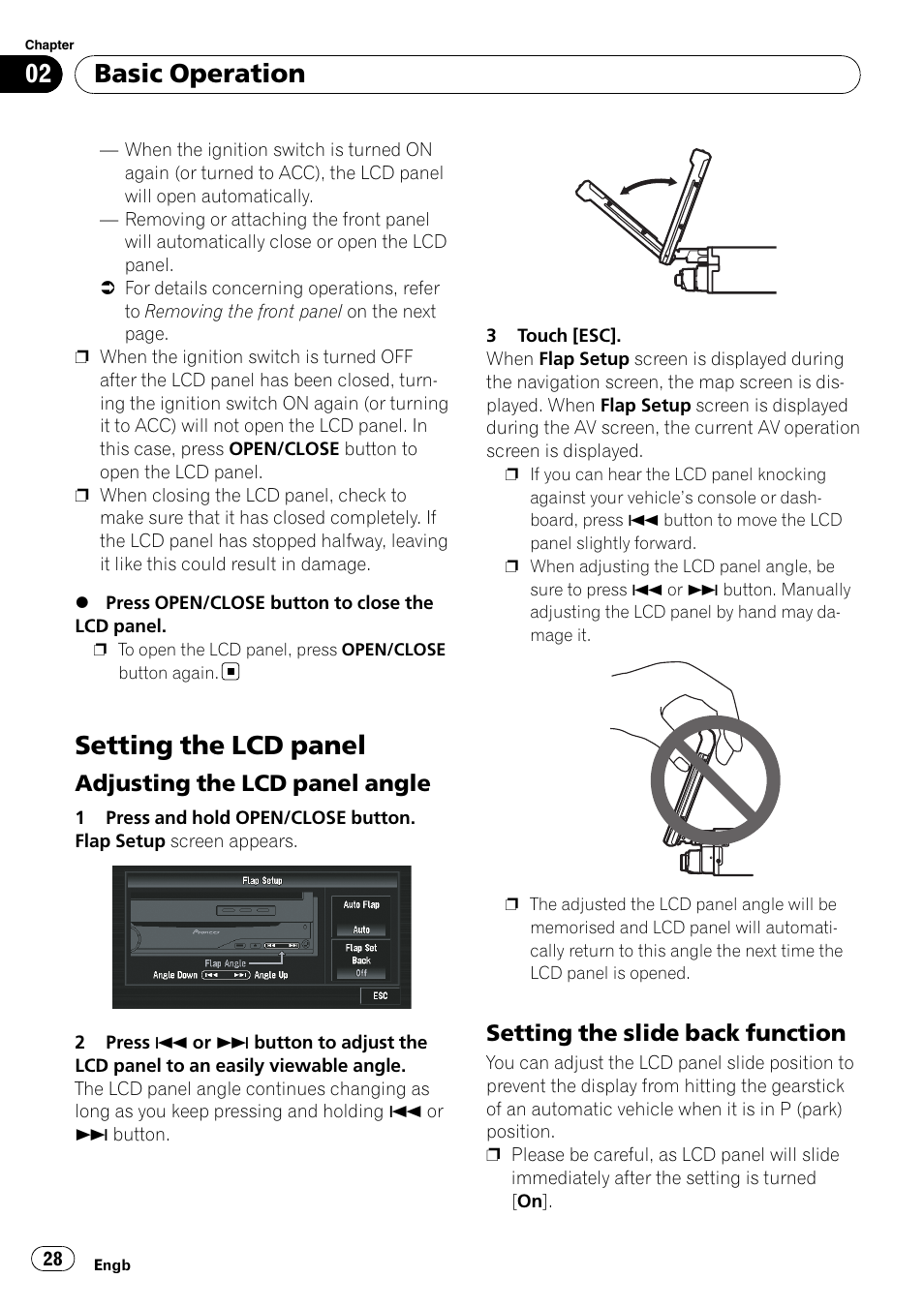 Setting the lcd panel, Adjusting the lcd panel angle 28, Setting the slide back function 28 | Basic operation, Adjusting the lcd panel angle, Setting the slide back function | Pioneer AVIC-X3-II User Manual | Page 28 / 172