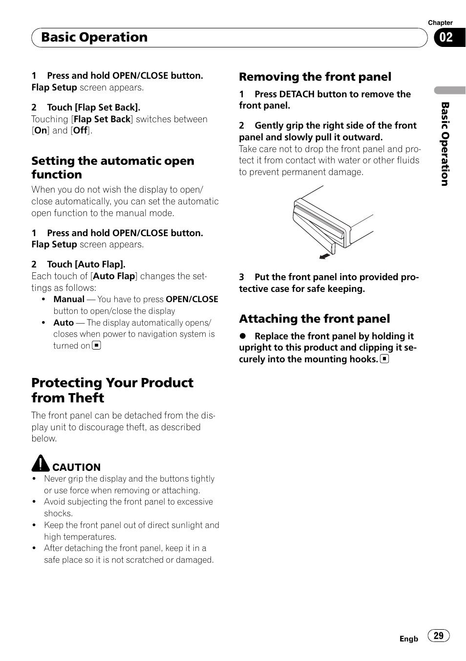 Setting the automatic open, Function, Protecting your product from theft | Removing the front panel 29, Attaching the front panel 29, Basic operation, Setting the automatic open function, Removing the front panel, Attaching the front panel | Pioneer AVIC-X3-II User Manual | Page 29 / 172