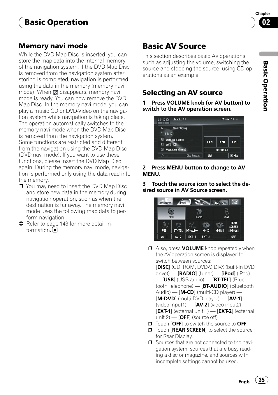 Memory navi mode 35, Basic av source, Selecting an av source 35 | Basic operation, Selecting an av source | Pioneer AVIC-X3-II User Manual | Page 35 / 172