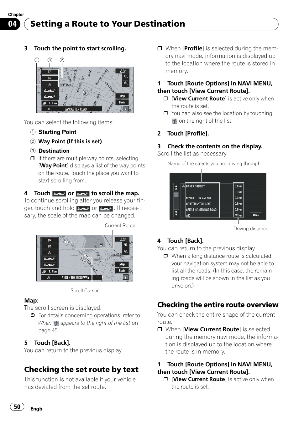 Checking the set route by text 50, Checking the entire route overview 50, Setting a route to your destination | Checking the set route by text, Checking the entire route overview | Pioneer AVIC-X3-II User Manual | Page 50 / 172