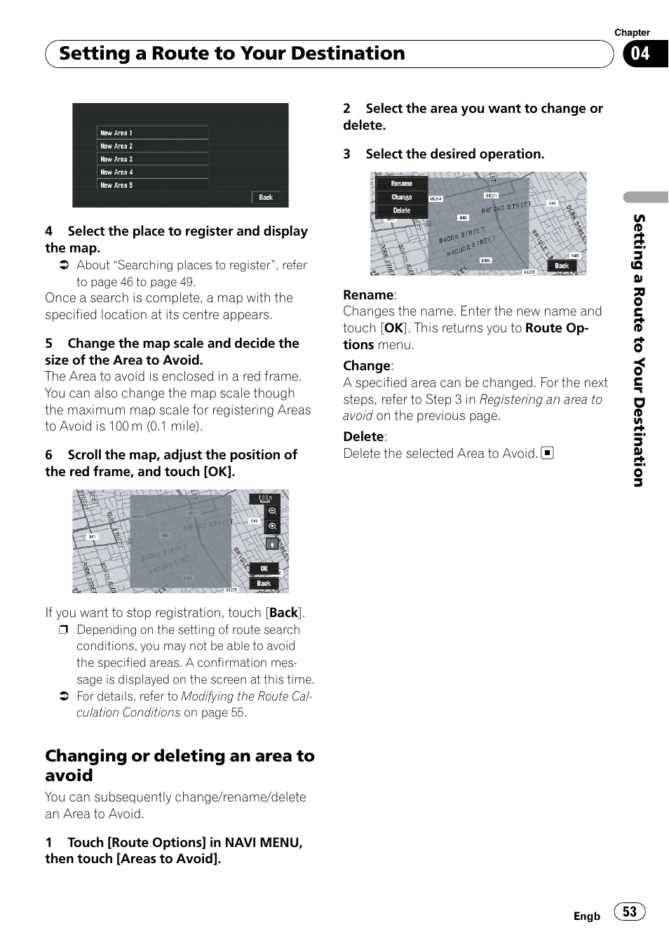 Changing or deleting an area to, Avoid, Setting a route to your destination | Changing or deleting an area to avoid | Pioneer AVIC-X3-II User Manual | Page 53 / 172