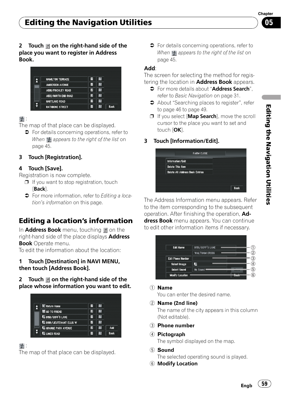 Editing a location’s information 59, Editing the navigation utilities, Editing a location ’s information | Pioneer AVIC-X3-II User Manual | Page 59 / 172