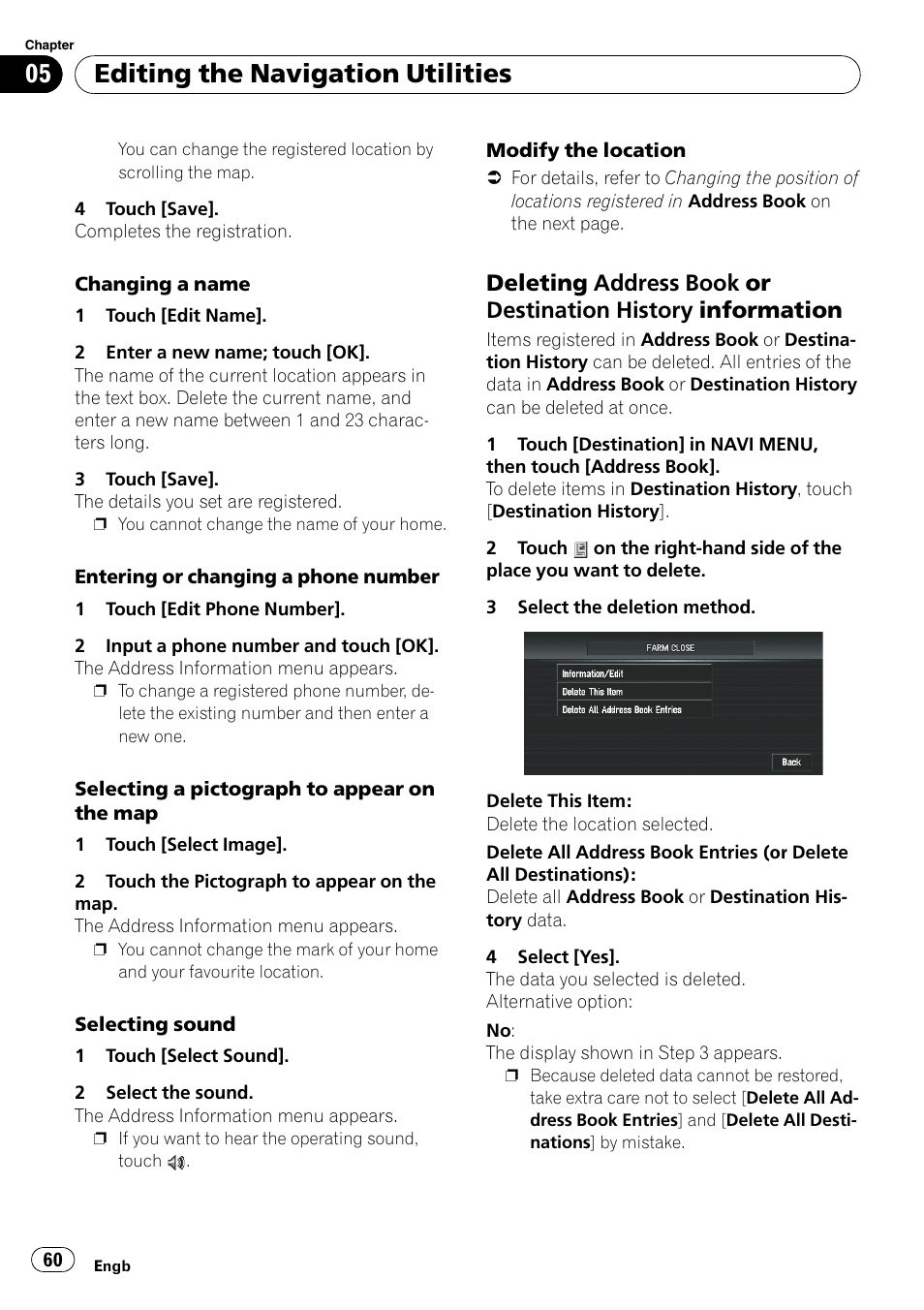 Deleting address book or destination, History information, Editing the navigation utilities | Pioneer AVIC-X3-II User Manual | Page 60 / 172